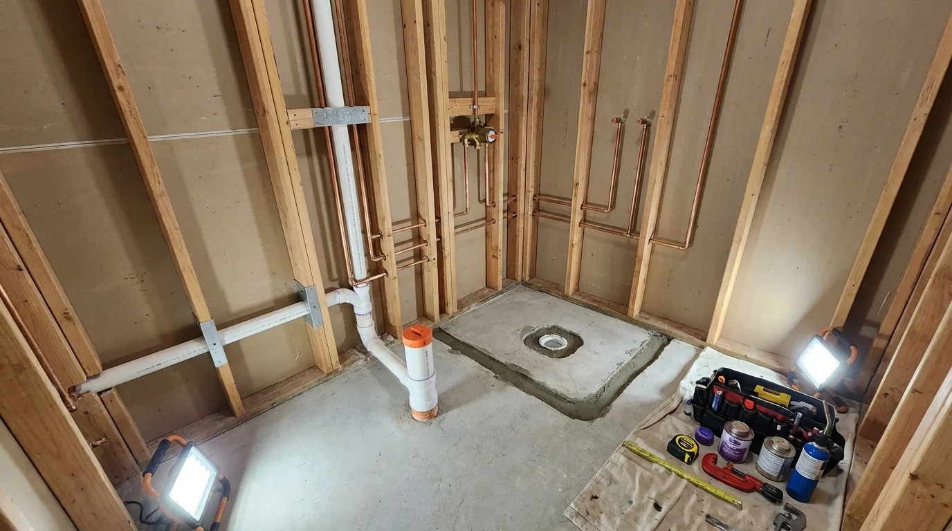 Bathroom rough-in plumbing during remodel by Johns Plumbing LLC in Sanbornville