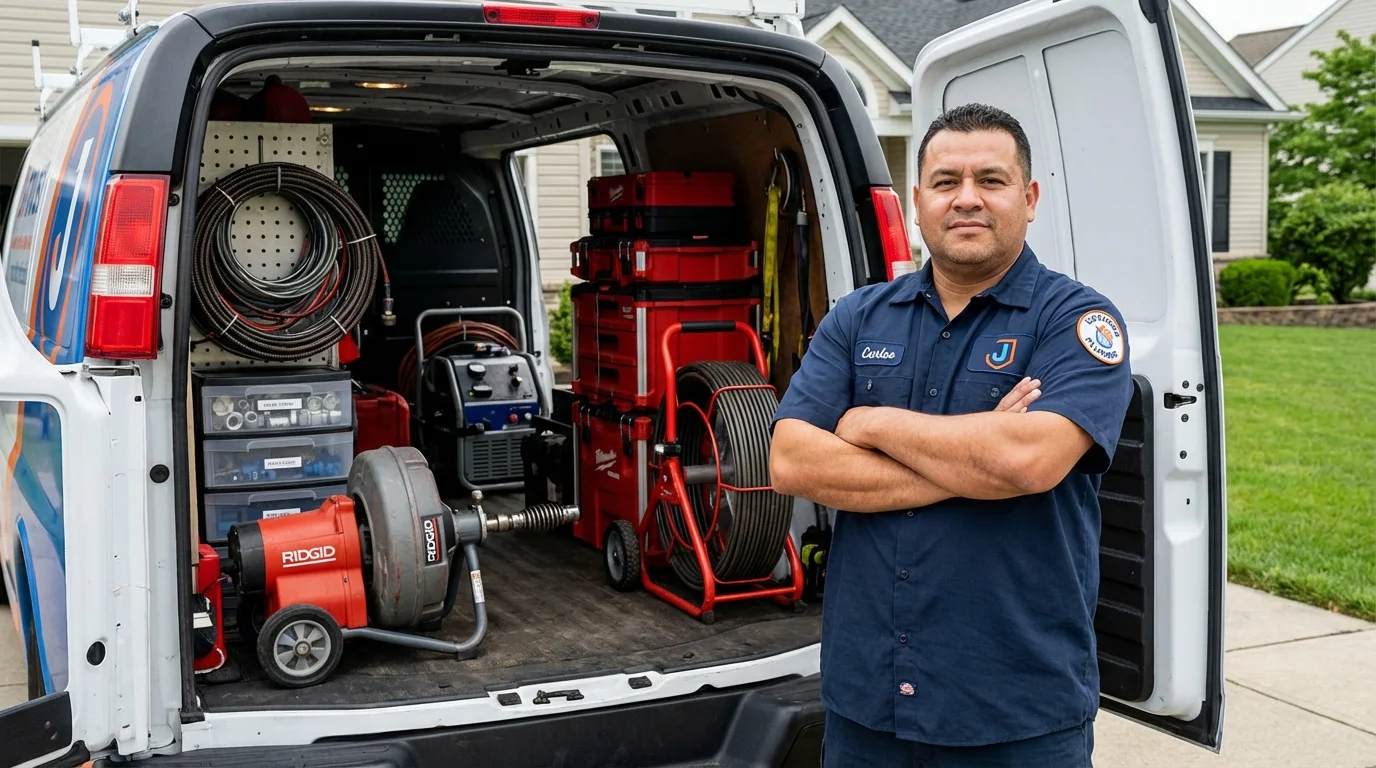 Professional drain cleaning equipment and Johns Plumbing LLC plumber in Sanbornville