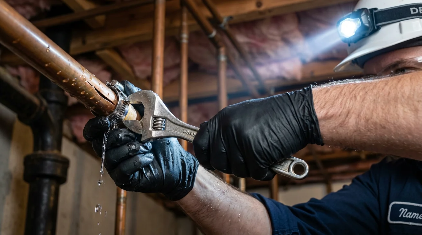 Emergency pipe clamp repair being performed by a Johns Plumbing LLC plumber in Sanbornville