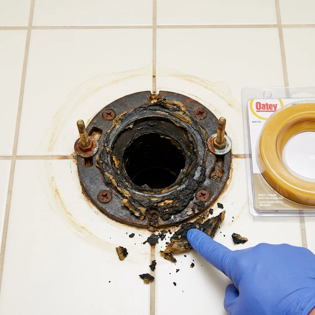 Failed wax ring showing water seepage at the base of a toilet in a Sanbornville, NH home