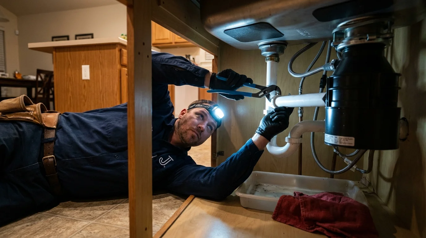 P-trap and supply line connections under a kitchen sink showing a common leak point in Sanbornville, NH